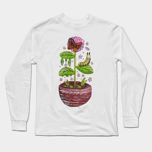 Life Cycle of Monarch Butterfly in Gouache Long Sleeve T-Shirt by narwhalwall